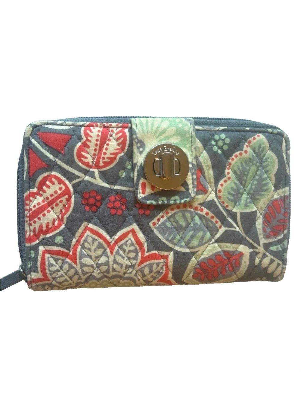 Vera Bradley Quilted Floral Wallet Zip Around Clutch Turn Lock Gray Paisley